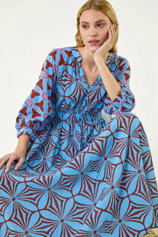 Image of Roman Womens Abstract Print V-Neck Maxi Dress in Blue Size: 16 Blue Female 16