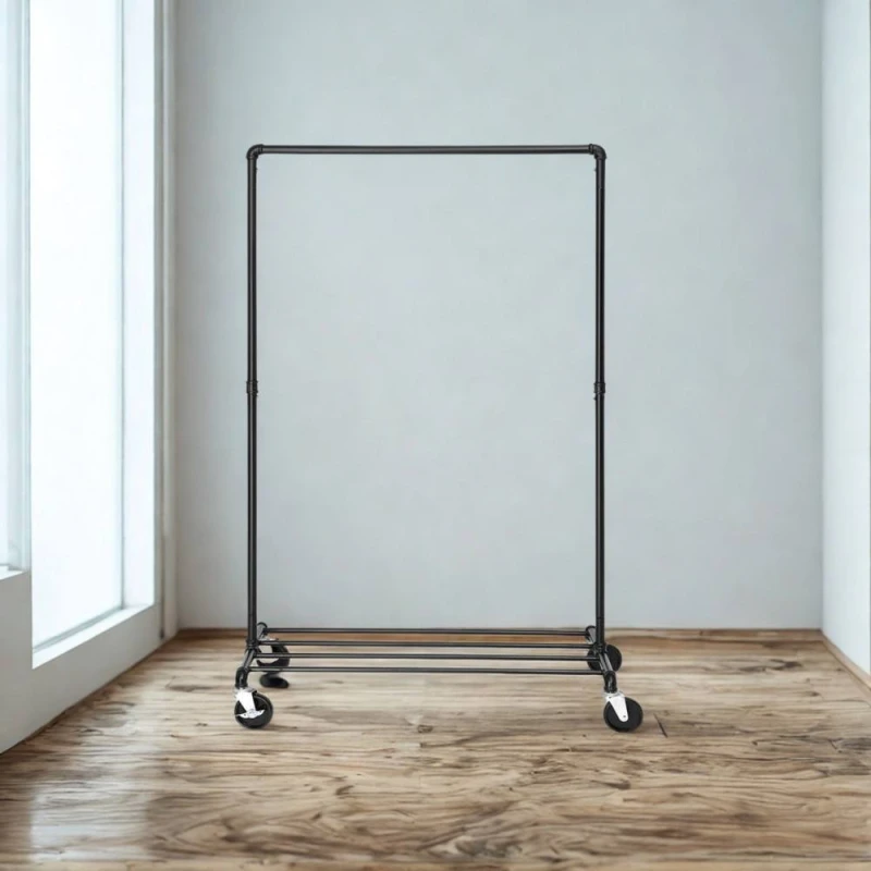 Image of FURNOLD Metal Clothes Rack Rail On Wheels With Storage Shelf