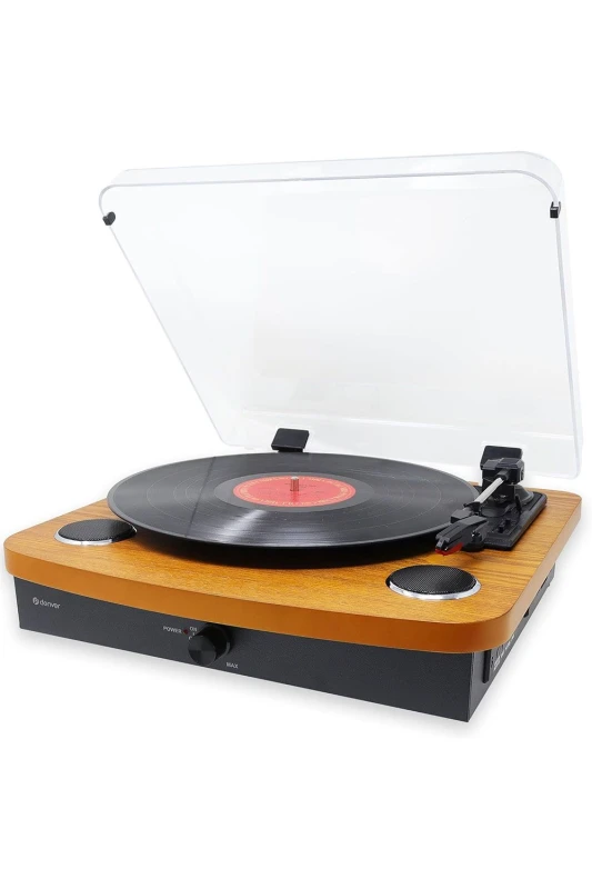 Image of Denver Record Player With Stereo Speakers - Bluetooth - USB & SD Recording - AUX IN & RCA Out in Light Brown Light Brown Unisex