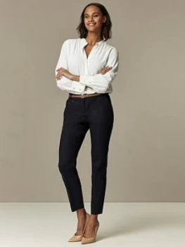 Image of Wallis Cotton Belted Cigarette Trousers - Navy Blue, Size 14, Women