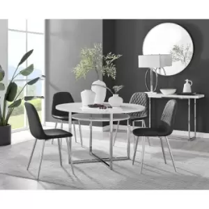 Image of Furniturebox Adley White High Gloss 120cm Storage Dining Table & 4 Black Corona Faux Leather Dining Chairs with Silver Legs Diamond Stitch