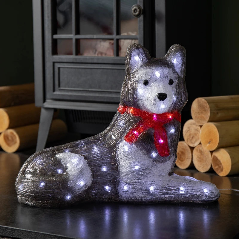 Image of 28cm Light up Acrylic Christmas Husky with Red Scarf Decoration and White LEDs