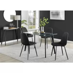 Image of Furniturebox Malmo Rectangular Glass and Black Wooden Leg Modern Industrial Dining Table & 4 Black Corona Faux Leather Dining Chairs with Black Legs