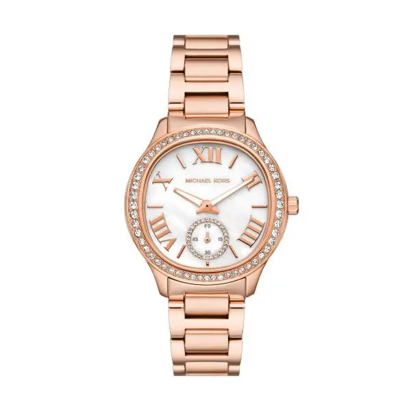 Image of Michael Kors Sage Mother-of-Pearl Dial Rose Gold-Tone Stainless Steel Bracelet Watch MK4806 MK4806