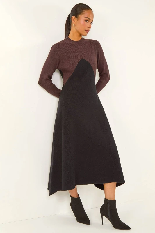 Image of Roman Womens Petite Contrast Knit Midi Dress in Black Size: 14 Black Female 14
