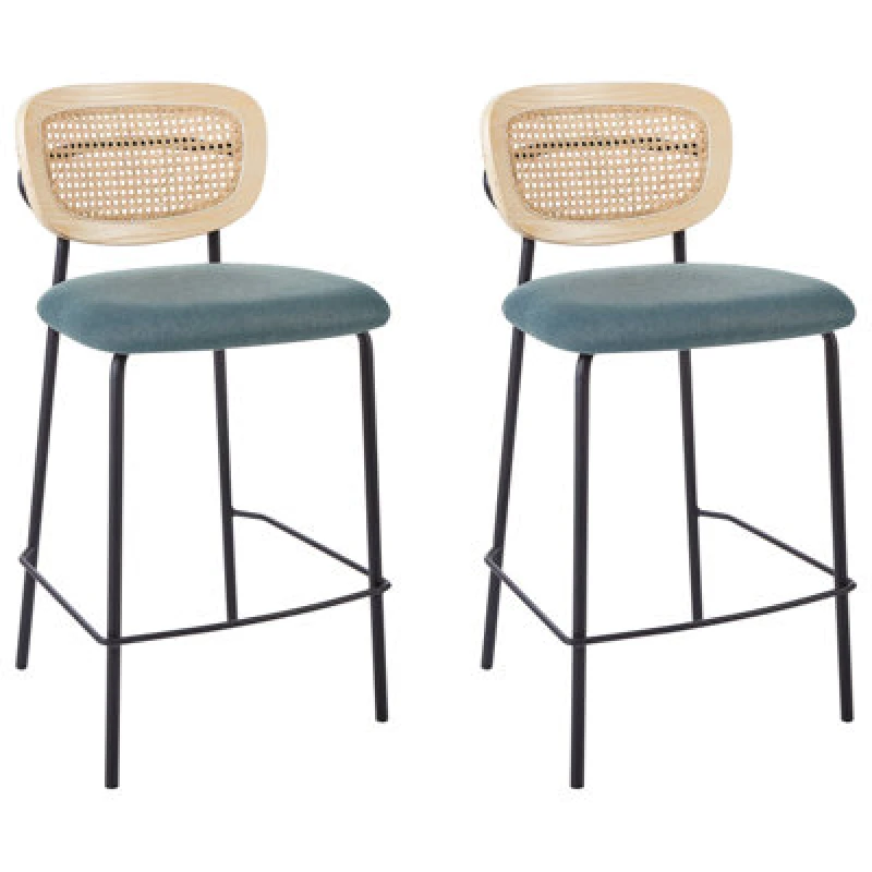 Image of Beliani Set Of 2 Bar Chairs Mayetta Rattan Teal