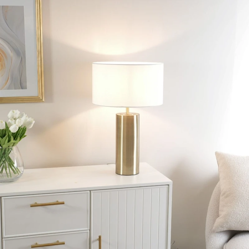 Image of ValueLights Lexy Fabric Drum Shade with Antique Brass Dimmable Touch Table Lamp & LED Bulb White