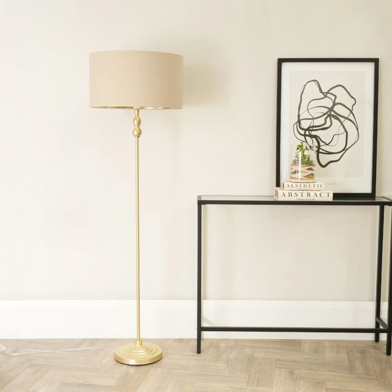 Image of ValueLights Maggie Gold Metal Candlestick Floor Lamp with Beige and Metallic Gold Shade Beige