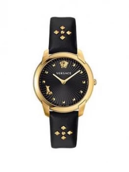 Image of Versace Audrey Black And Gold Detail Dial Black Studded Leather Strap Ladies Watch