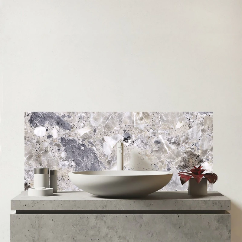 Image of Warren Reed - Designer Silver Quartz Effect Glass Bathroom Splashback in Grey Grey Unisex