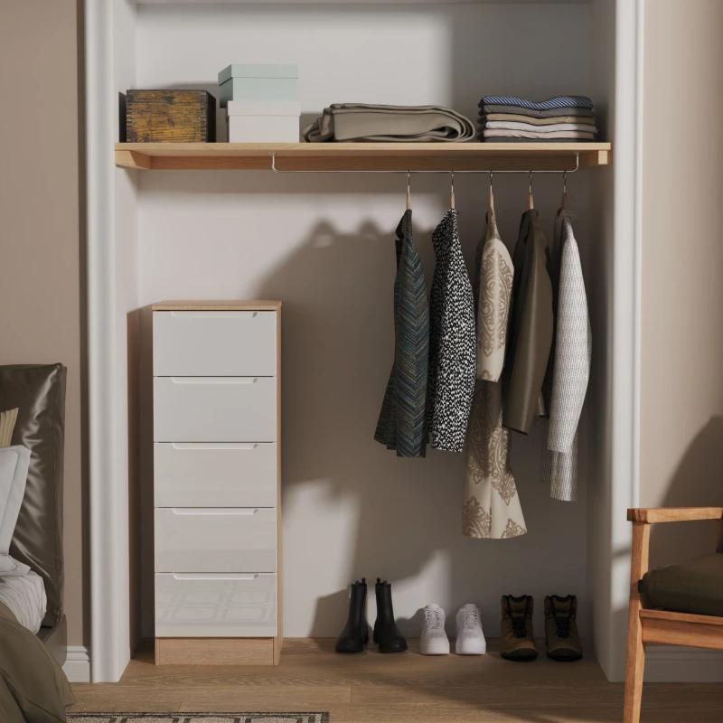 Image of Welcome Furniture Ready Assembled Milan 5 Drawer Bedside Cabinet In White Gloss & Bardolino Oak, White MIL003WGBO