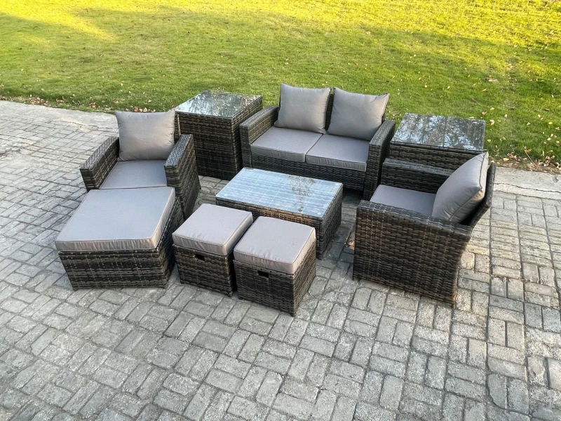 Image of Fimous 7 Seater Dark Grey Outdoor Rattan Garden Furniture Set Patio Lounge Sofa Rectangular Coffee Table with 2 Side Table Dark Grey Unisex