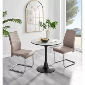 Image of Furniture Box Elina White Marble Effect Round Dining Table and 2 Cappuccino Lorenzo Chairs