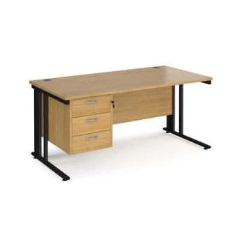 Image of Office Desk Rectangular Desk 1600mm With Pedestal Oak Top With Black Frame 800mm Depth Maestro 25 MCM16P3KO