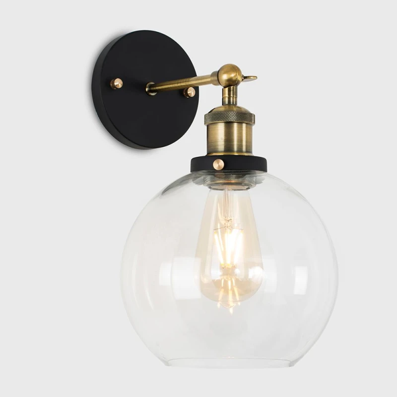 Image of ValueLights Sheridan Pair of Industrial Clear Glass Bowl Gold Trim Black Wall Lights and LED Bulbs Clear