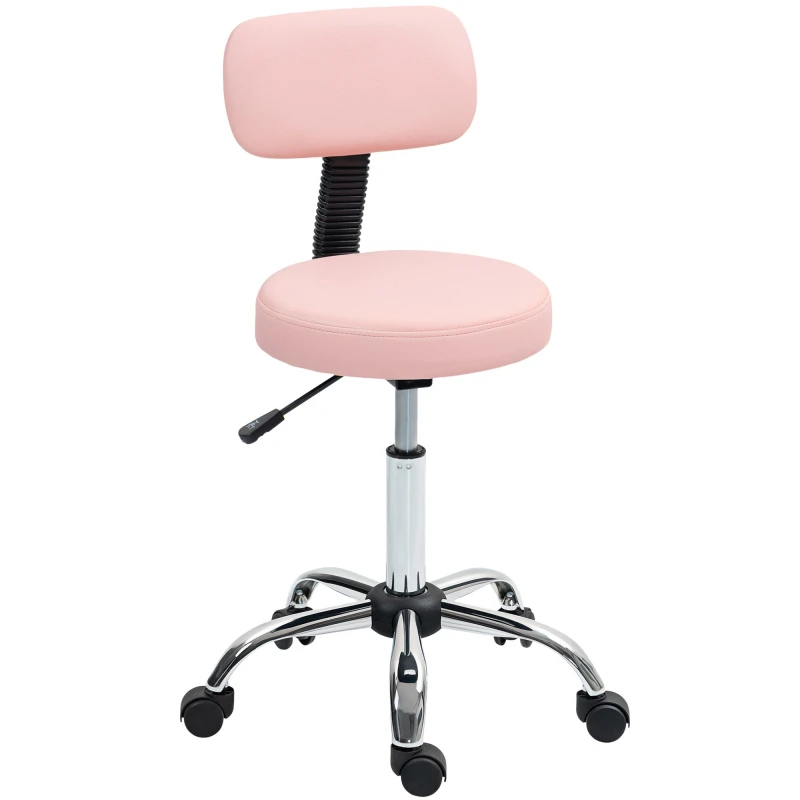 Image of HOMCOM Rolling Stool with Backrest, Wheels, Faux Leather Salon Chair Pink