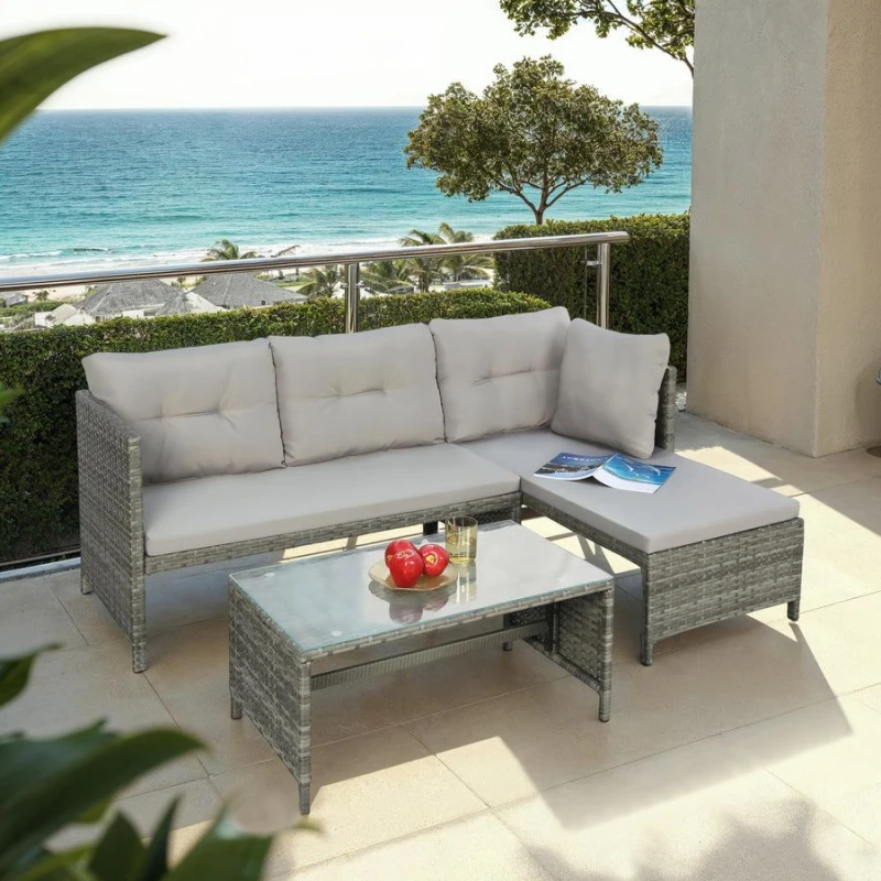 Image of Home Garden Direct Bude - Rattan Corner Sofa Set with Coffee Table - Grey Grey Unisex