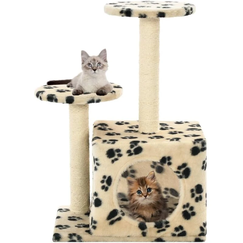 Image of vidaXL Cat Tree with Sisal Scratching Posts 60cm Beige Paw Prints Kitten Tower