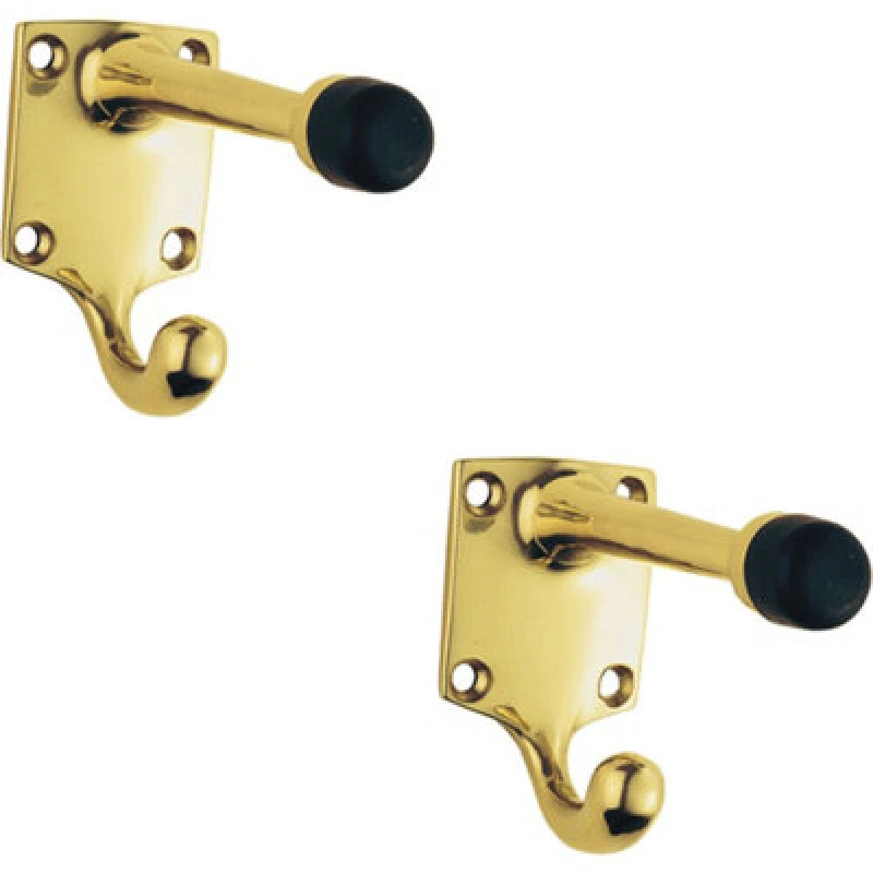 Image of Loops 2x One Piece Hat & Coat Hook with Rubber Buffer 88mm Projection Polished Brass Metallics