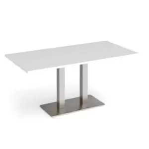 Image of Eros rectangular dining table with flat brushed steel rectangular base and twin uprights 1600mm x 800mm - white