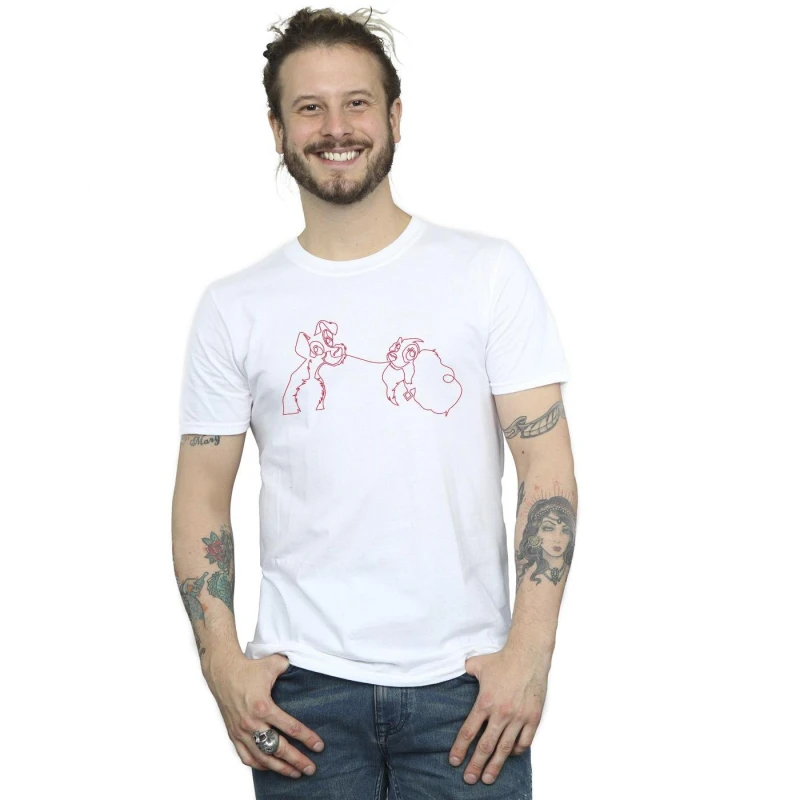 Image of Disney Men Lady And The Tramp Spaghetti Outline T-Shirt in White Size: Small White S Male 5063153439603