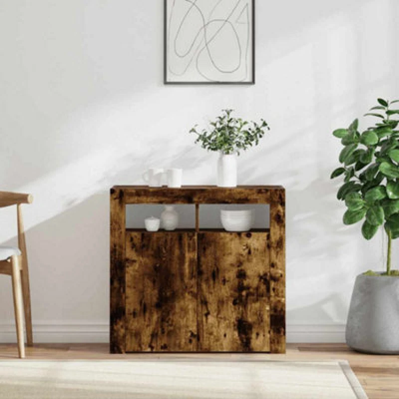 Image of vidaXL Sideboard with LED Lights Smoked Oak 80x35x75 cm, Brown 815729