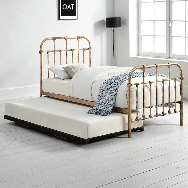 Image of OAT Home Camden Distressed Antique Effect Hospital Style Metal Single Bed Frame & Guest Trundle in Bronze Bronze Unisex Single
