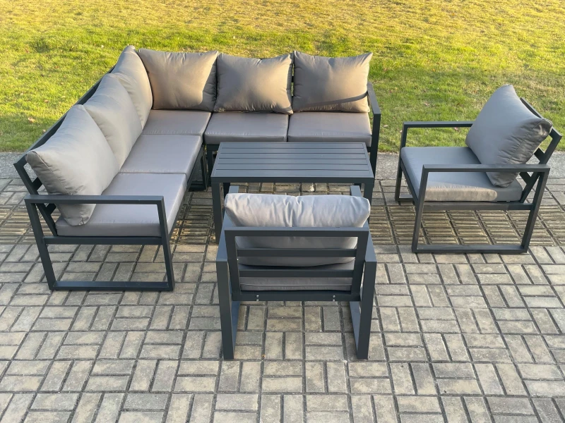 Image of Fimous Aluminium Outdoor Garden Furniture Set Lounge Sofa Oblong Coffee Table Sets with 2 Pcs Chair Indoor Conservatory Set Dark Grey Dark Grey Unisex