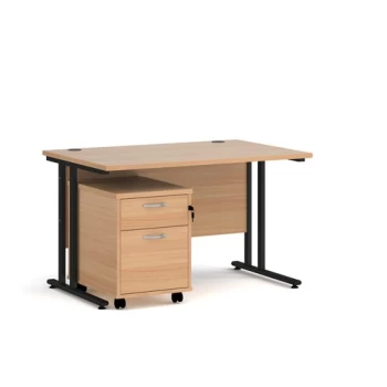 Image of Office Desk Rectangular Desk 1200mm With Pedestal Beech Top With Black Frame 800mm Depth Maestro 25 SBK212B