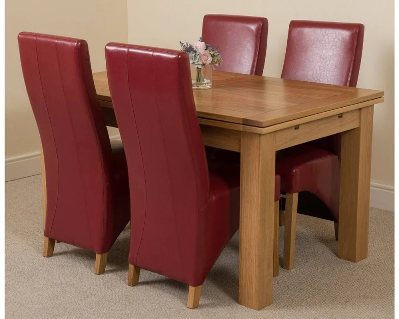Image of Thats Furniture Richmond 140-220cm Oak Extending Dining Table & 4 Lola Leather Chairs in Red Red Unisex