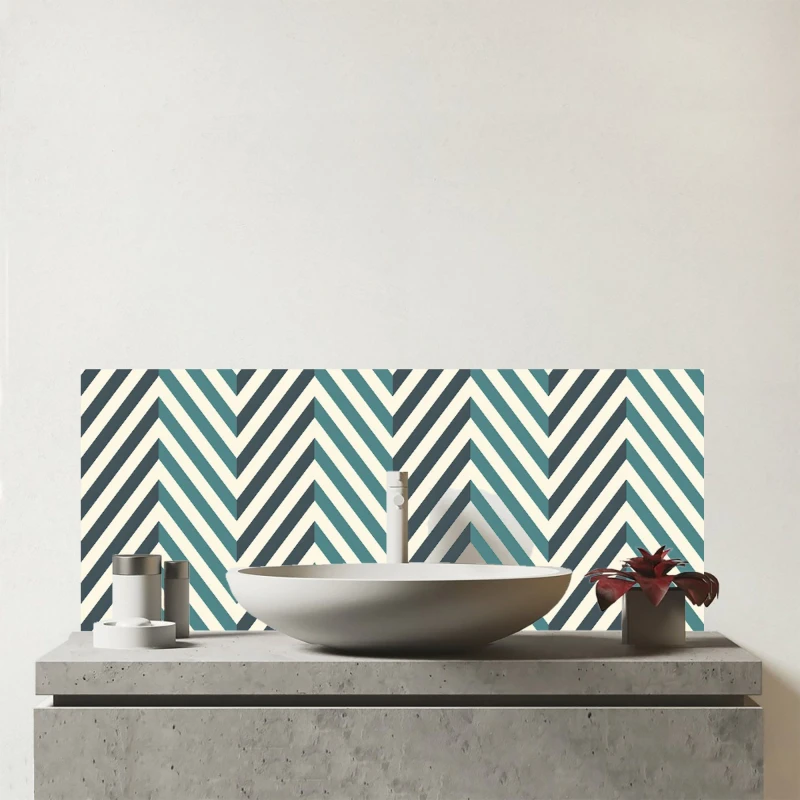 Image of Warren Reed - Designer Geometric Herringbone Chevron Blues Glass Bathroom Splashback in Green Green Unisex