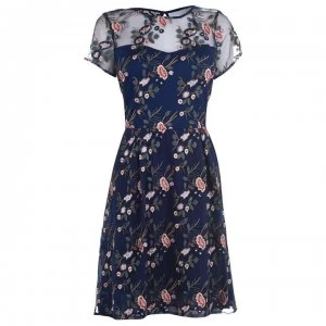 Image of Adrianna Papell Floral Embroidered Flared Dress - Navy Multi