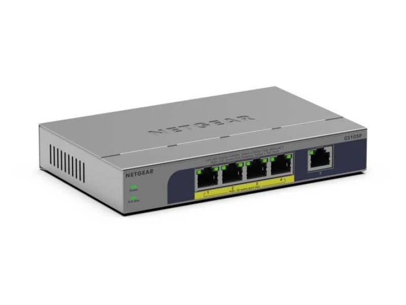 Image of Netgear Netgear GS105P Unmanaged Gigabit Ethernet (10/100/1000) Power over Ethernet (PoE) Desktop/Wall-Mounting Grey GS105P-300EUS