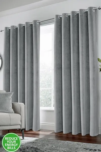 Image of Enhanced Living Velvet, Supersoft, 100% Blackout, Thermal Pair of Curtains with Eyelet Top Grey