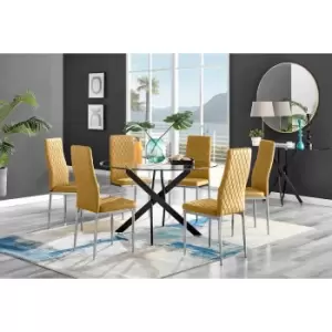 Image of Furniture Box Novara Black Leg 120Cm Round Glass Dining Table and 6 Mustard Velvet Milan Chairs