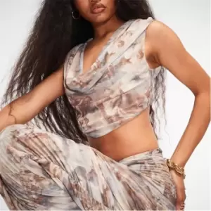 Image of Missguided Co Ord Renaissance Print Mesh Ruched Cowl Crop Top - Multi