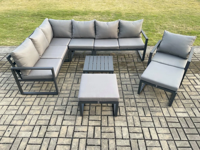 Image of Fimous 9 Seater Outdoor Lounge Corner Sofa Set Aluminum Garden Furniture Sets with Square Coffee Table Chair 2 Big Footstool Dark Grey Dark Grey Unise