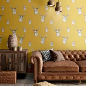 Image of Stag Contemporary Wallpaper, Ochre - Catherine Lansfield