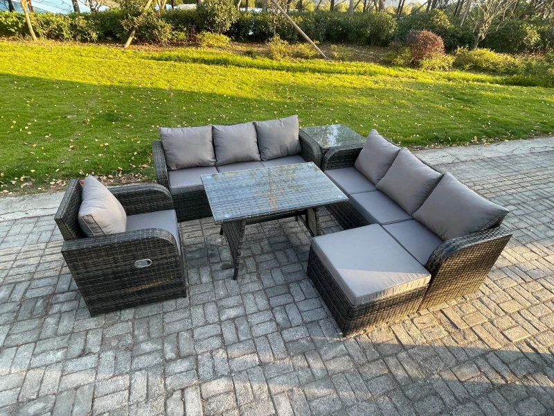 Image of Fimous Outdoor Lounge Sofa Set Wicker PE Rattan Garden Furniture Set with Rectangular Dining Table Reclining Chair Big Footstool Side Table Dark Grey