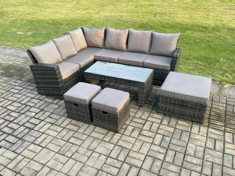 Image of Fimous 9 Seat Rattan Garden Furniture Corner Sofa Set Outdoor Patio Sofa Table Set with 3 Footstools Dark Grey Mixed Dark Grey