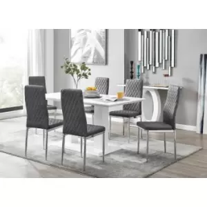 Image of Furniturebox UK - Furniturebox Imperia 6 High Gloss White Modern Dining Table and 6 Grey Milan Faux Leather Dining Chairs With Silver Legs Diamond