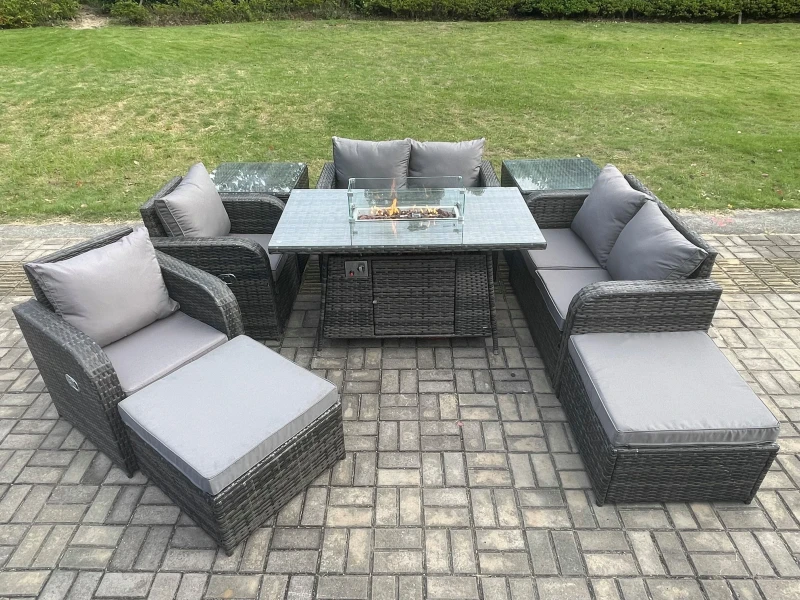 Image of Fimous 8 Seater Rattan Garden Furniture Set Outdoor Propane Gas Fire Pit Table and Sofa Chair set with 2 Side Tables 2 Big Footstool Dark Grey
