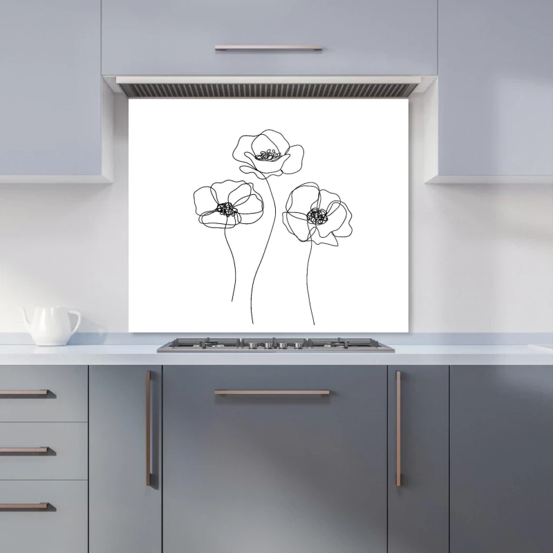 Image of Warren Reed - Designer Monochrome Line Drawn Poppies Kitchen Splashback in White Size: 600mm x 600mm White Unisex 600mm x 600mm