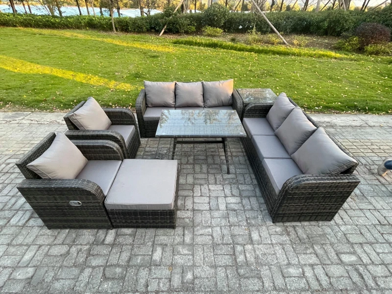 Image of Fimous Rattan Outdoor Garden Furniture Sofa Set Patio Table & Chairs Set with 3 Seater Sofa Rectangular Dining Table Dark Grey