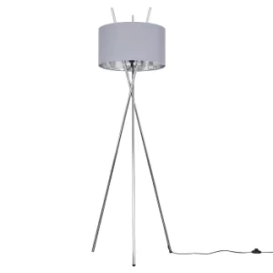 Image of Crawford Chrome Tripod Floor Lamp with XL Grey and Chrome Reni Shade