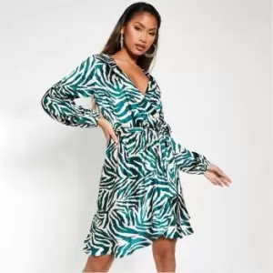 Image of I Saw It First Zebra Print Satin Wrap Tea Dress - Green