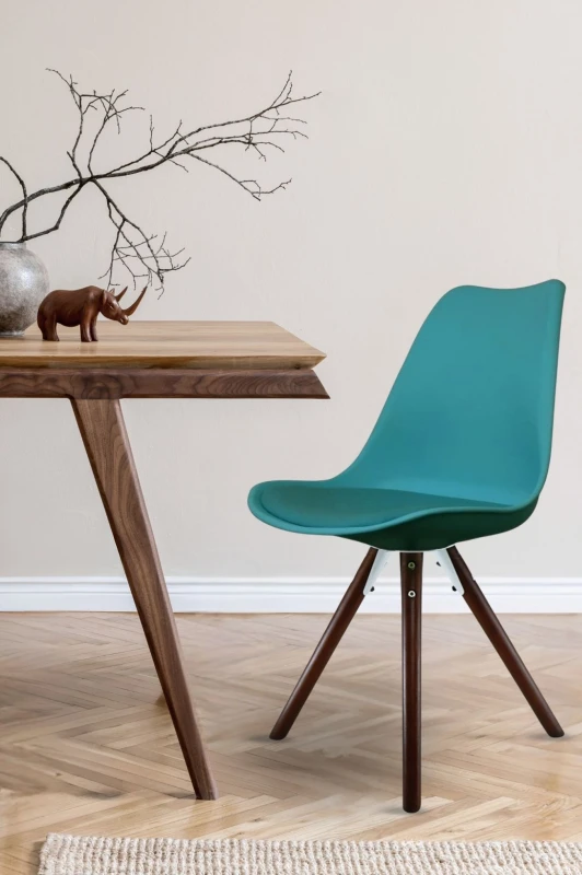 Image of Fusion Living Soho Plastic Dining Chair with Pyramid Dark Wood Legs Teal