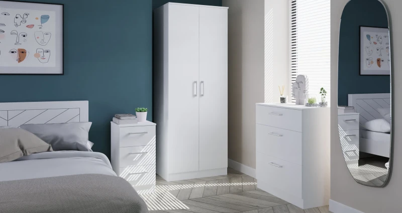 Image of Swift Devon 3 Piece Bedroom Set (Wardrobe, Chest & Bedside) in White Matt - Ready Assembled White
