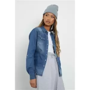 Image of I Saw It First Mid Wash Long Sleeved Denim Shirt - Blue