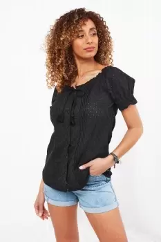 Image of Short Sleeve Broderie Detail Pintuck Button Down Blouse